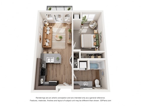 Floor plan for 1 bed, 1 bath, 617 sqft